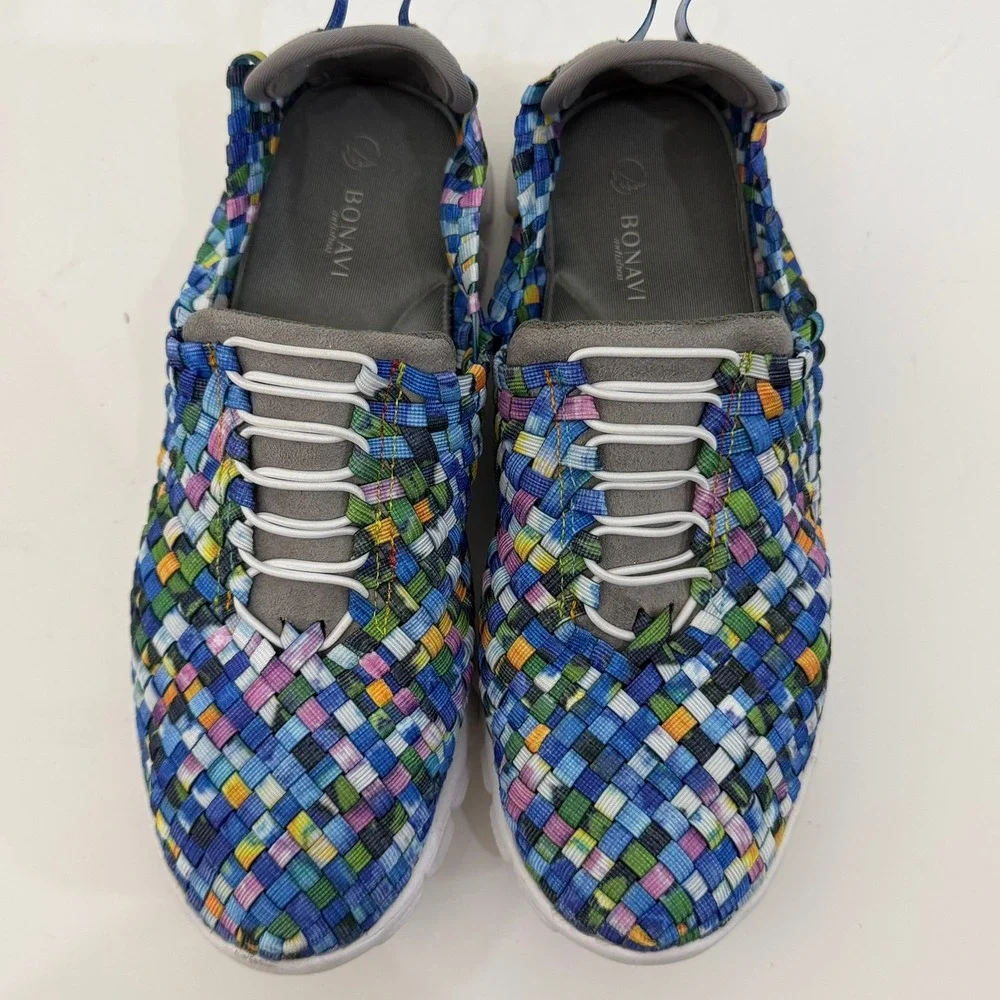 Bonavi Antistress Woven Elastic Shoes Womens 10 Blue Multi Comfort Quirky
